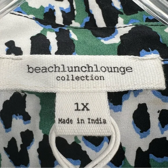 BeachLunchLounge Top Womens Plus Size Green Leopard Print Button Roll Tab Sleeve - Picture 14 of 16
